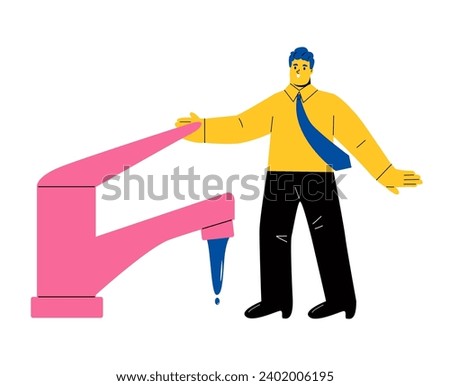 Save water concept. Business man closes a water tap. Flat vector illustration isolated on white background
