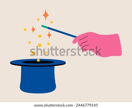 Hand holding magic wand cylinder hat. Colorful vector illustration
