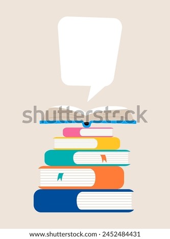 Stack of books and open book with speech bubble. Colorful vector illustration