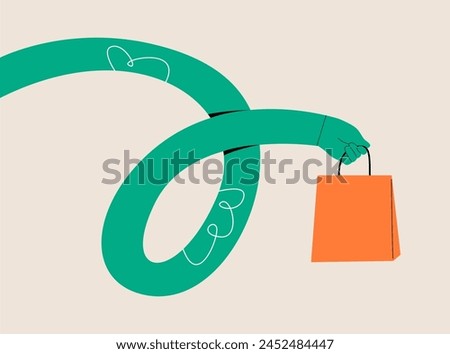 Funny long hand holding paper bag. Colorful vector illustration