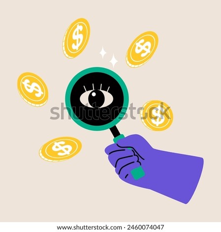 Hand holding magnifying glass. Financial study, observation concept. Colorful vector illustration
