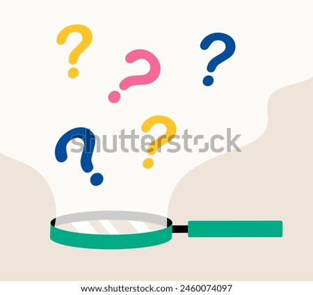 Detailed business strategy, analyzing question marks using a magnifying glass. Colorful vector illustration
