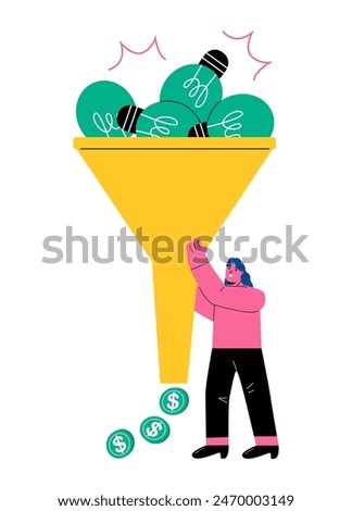 Gathering and filtering business idea to make money.  Business woman using funnel makes money with light bulbs. Flat vector illustration isolated on white background
