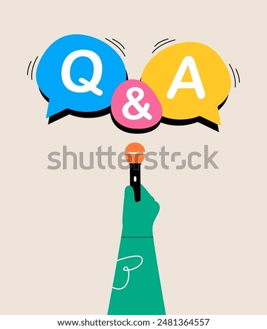 'Q and A'  with hand holding microphone. Question and answer. Colorful vector illustration
