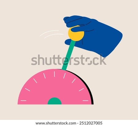 Hand shifting transmission knob to faster new level. Colorful vector illustration
