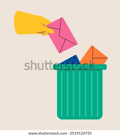 Deleting data and move unnecessary files to trash bin. Cleaning e-mail, remove spam. Colorful vector illustration
