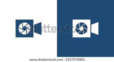 A minimalist image featuring a camera icon with an aperture symbol, presented in contrasting blue and white colors. Ideal for representing photography or videography concepts.