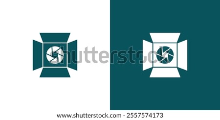 Abstract design featuring a teal and white background with a camera shutter motif, suitable for photography, design, and creativity concepts. Ideal for branding and graphical themes.