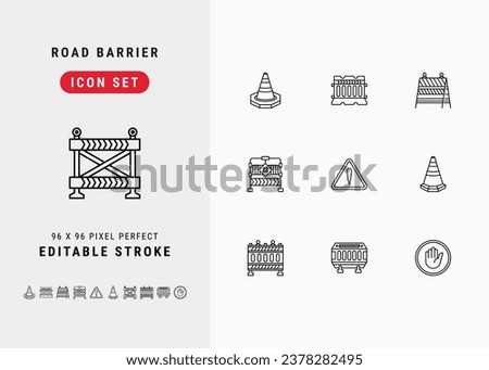 Road Barrier Includes Roadblock, Safety Cone, Construction Barricade, and Street Caution. Line Icons Set. Editable Stroke Vector Stock. 96 x 96 Pixel Perfect.
