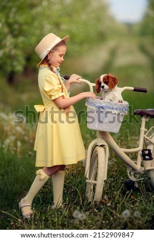 Friendship of children and pets. a cute girl and a little puppy cavalier ride a bike in spring in a blooming garden Photo stock © 