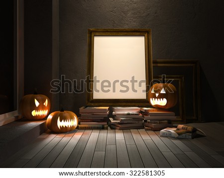 3Ds rendered image of pumpkin heads and blank photo frame and books placed on old wooden floor which have crack concrete wall as background, background for halloween day