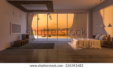 3ds rendered image of seaside room in sunset and sunrise time