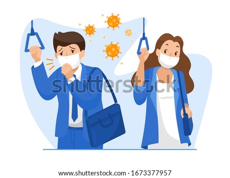 Men wearing hygienic mask staying in electric train. He was sick and cough because of a virus in the air while a woman standing near him.Illustration about coronavirus spreading in a public place.