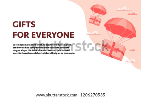 Web page design template with gift boxes flying down from sky with parachutes. Flat design colorful vector illustration concept for delivery, e-commerce, gift store, international online shopping