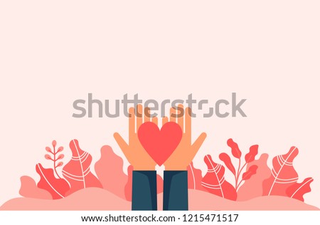 Hands holding heart among leaves and empty space. Flat design vector illustration template for charity, help, supporting, work of volunteers Foto stock © 