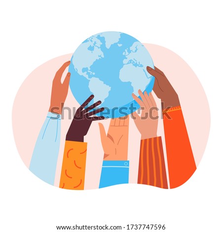 Globe holding by diverse hands. Vector illustration concept for protecting Earth, togetherness, helping ecological projects, partnership in solving global problems