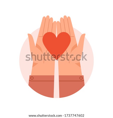Hands in round isolated on white holding red heart. Vector illustration concept for sharing love, empathy, compassion, philanthropy, helping others, charity  Foto stock © 