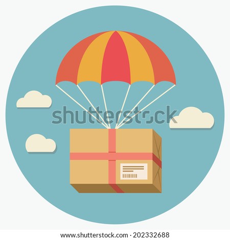 Flat design colored vector illustration of package flying down from sky with parachute, concept for delivery service