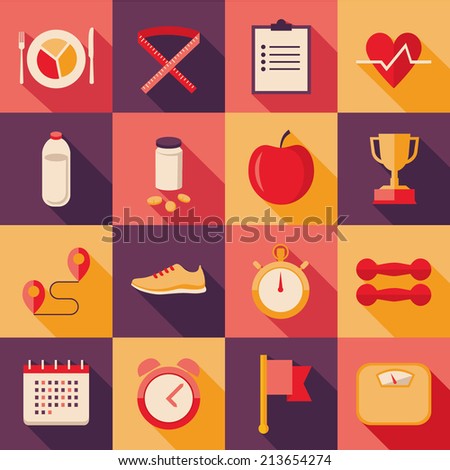 Set of flat design colored foursquare vector icons with long shadow effect for sport, dieting, weight loss, fitness, healthy lifestyle