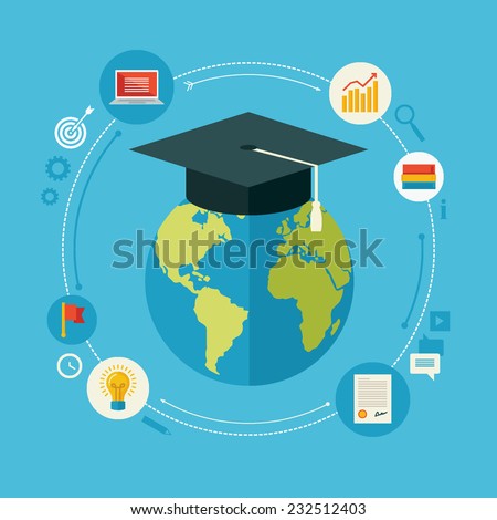 Flat design vector illustration concept for distance education, online learning, certificate programs, international educational projects, start of successful career isolated on bright background