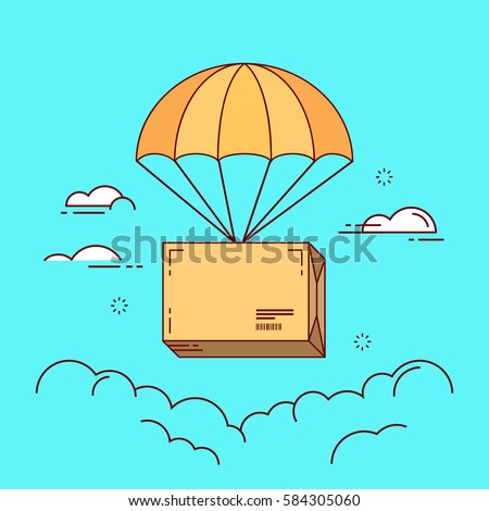 Line flat design colorful vector illustration of package flying down from sky with parachute, concept for delivery service