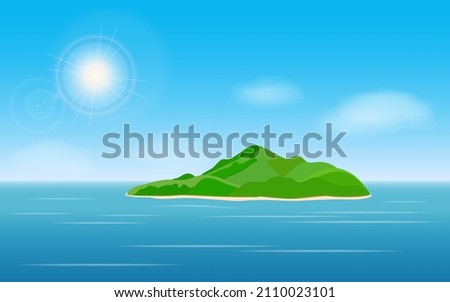Green isolated island in the ocean on a summer sunny day, white clouds on the horizon. Photo stock © 