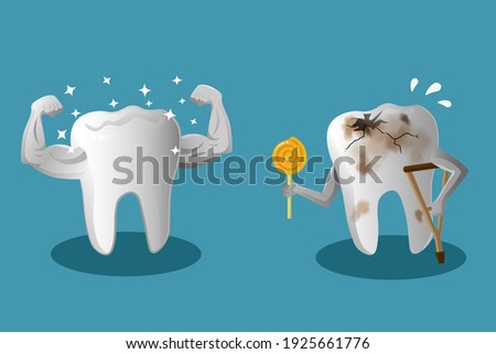 Tooth decay vector illustration holding a lollipop and image of white teeth healthy, dental Stock foto © 