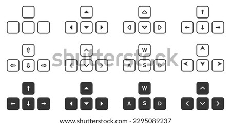 Computer keys vector set. Computer buttons arrows and letters vector. Gamer keys on the keyboard. Set of buttons pc vector. Vector keyboard keys set.