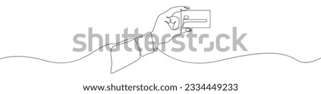 Bank card in hand icon line continuous drawing vector. One line Contactless payment card template icon vector background. Blank bank card template icon. Continuous outline of a Bank card in fingers ic