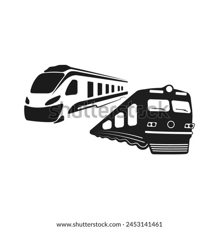 Black train vector. Two train silhouettes for railway companies vector. Railroad logo vector icon. Crossing of trains vector. Movement of trains in different directions.