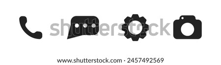 Set of black phone, message, gear, camera vector icons. Icons of programs on gadgets. Settings icon. Logo of web icons for the Internet, phone, computer. Vector illustration.