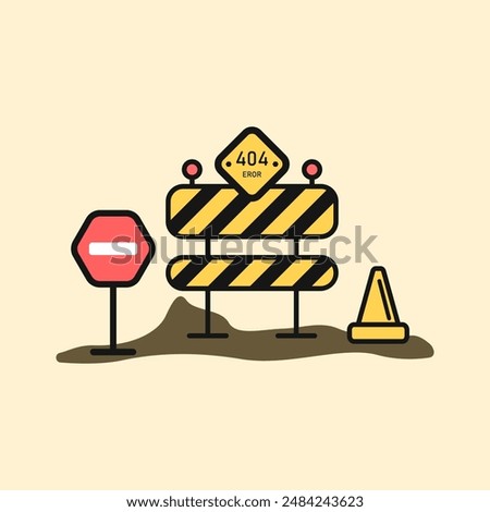 Road warning sign vector. 404 error icon. Error sign in construction style. An icon for an error on a website page, or development. Prohibitory construction fence icon. Danger barrier vector.