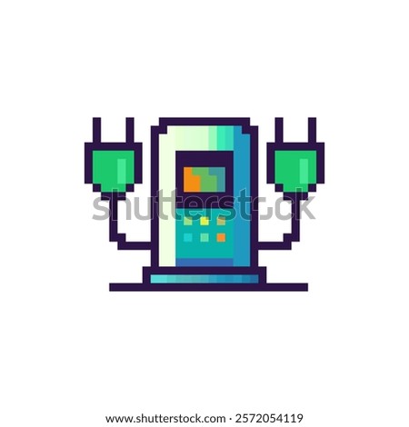 Pixel logo of a car charging station. Car charging with two plugs. Fast charging for an electric car. Smart charging for a car. Ecological charg. Vector illustration.