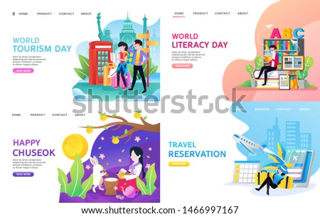 Landing page collection holiday edition with travel reservation, world tourism day, literacy day and chuseok day