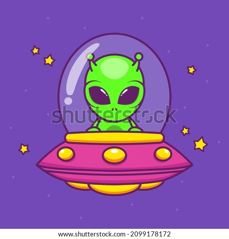 cute alien inside colorful ufo