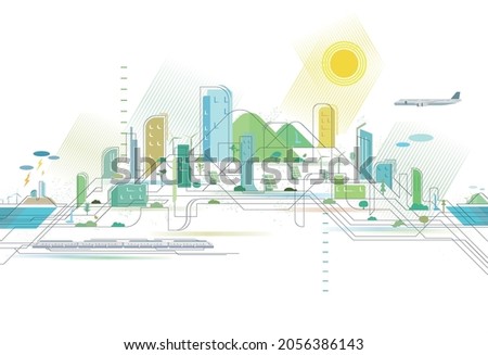 Staggered lines Quality City 3 with aeroplane and subway appearance with some elements of environmental protection vector illustrator graphic EPS 10