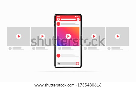 Smartphone with carousel posting interface concept Colorful gradient on the phone screen SMM on social network Great drawn smartphone in a realistic style Very easy to edit All objects isolated Vector