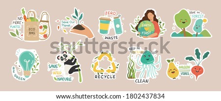 Ecology colorful stickers collection. Trendy slogans to save the planet. Eco friendly tools, zero waste concept, environmental protection, save wild nature and other. Flat Vector Illustration