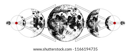 Magic moons tattoo with secret geometry symbols. Hand drawn vector illustration
