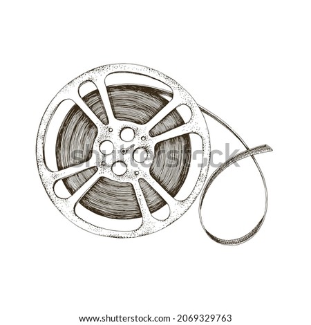 Hand drawn reel of film, tape, bobina. Monochrome