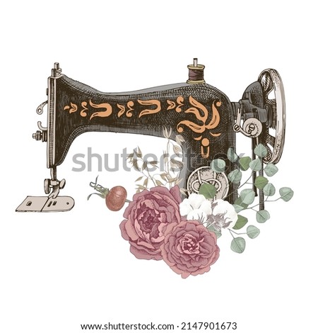 Sewing machine with arrangement of dried flowers