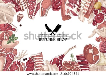 Vector meat products design template. Hand drawn beef, ribs, steak, bone, rib, roast, bacon, knuckle. It can be used for window dressing and product packaging.