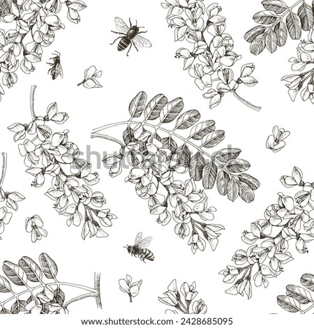 Seamless pattern with blooming acacia and honey bees