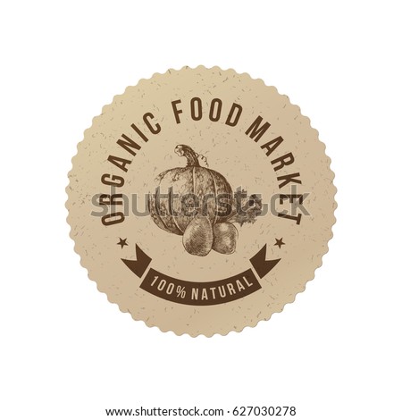 Organic food market round paper emblem with hand drawn vegetables. Vector illustration