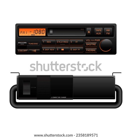 Realistic car audio head unit with radio tuner and tape cassette player included 6 compact disc changer illustration vector.