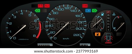 Realistic night time analog car instrument panel with full scale speedometer and illumination with the carburetor gasoline engine specification illustration vector with out malfunction indicator lamp.