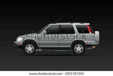 Realistic 90's silver satin metallic  color 4WD US specification compact SUV with gold exhaust finisher decoration in the dark gradient background illustration vector.