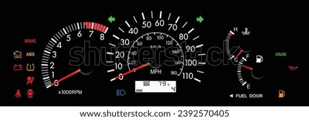 Realistic Japanese car instrument panel U.S. specification with lcd trip meter display illumination and full function warning light illustration vector.