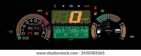 Realistic Japanese gasoline hybrid car gauge cluster with manual gearbox in U.S. specs illustration vector.