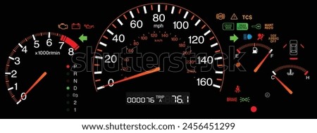 Realistic Japanese sport coupe car instrument panel U.S. specification with lcd trip meter display illumination in orange yellow color and automatic gearbox position indicator illustration vector.
